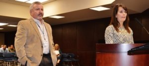 MELINDA GATES, coastal resources liaison, accompanied by Billy Williams, Walton County RESTORE Act coordinator, appear before commissioners on Jan. 26 regarding recommendations for funding of RESTORE Act projects.