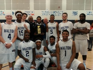The Walton Braves won the District 1, Class 4A basketball title on Friday night (Feb. 5) with a 63-62 win over Pensacola Catholic. (Photo courtesy Russell Hughes)