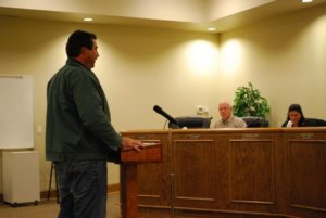 PREBLE-RISH VICE PRESIDENT CLIFF KNAUER addresses the Freeport city council. (photo by Jeffrey Powell)