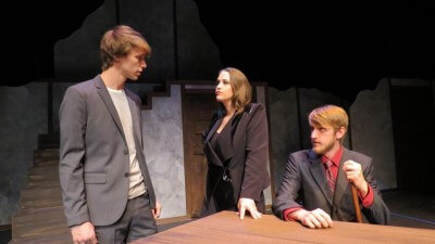 JESSE HARTSOG, (l) in lead role of the young Christopher Marlow, with Tara Sindelar (c) and Jason Mueller (r), rehearse for THE THIRD SIDE, the premiere of an original play by NWF Theatre professor Clint Mahle under his pen name James Clinton. (Photo courtesy of NWFSC Dept. of Theatre)