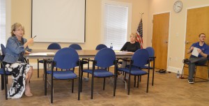 COMMISSIONER CINDY MEADOWS (left) leads the Walton County Seniors group meeting as Susan McDonald, District 5 commission aide, and Louis Svehla, Walton County public information manager, take notes. The small but very motivated group of 50-plus-age south Walton County residents recently shared an array of ideas for expansion of activity options for their age group south of the bay.(Photo by Dotty Nist)