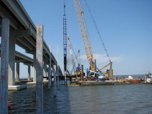 CREWS CURRENTLY installing pilings for the new bridge park's 400-foot fishing pier. (Photo courtesy of Florida Department of Transportation)