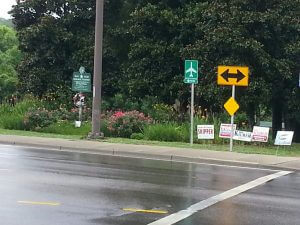 INTERSECTION OF U.S. 331 S AND U.S. 90, both Florida State roads and location of the Blue Star Marker, honoring America's armed Forces, boasts a plethora of political and business signs. The DeFuniak Springs Business and Professional Association (DBPA) hosted an informal sign meeting June 16. Members of the city's sign committee and a couple of dozen citizens were there as well. (Photo by Donna Davis)