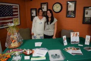JENNIFER BOWERS (l) of Regency Hospice and Alyssa Jesmain of Brookdale Senior Living Solutions shared a vendor table. Chautauqua Rehabilitation and Nursing Center (CRNC) employees and members of the general public attended the CRNC Health Fair on Tuesday afternoon, Sept. 20. (Photo by Jeffrey Powell)