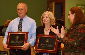 DISTRICT 5 COMMISSIONER Cindy Meadows and District 3 Commissioner Bill Imfeld received thanks and plaques of appreciation on the occasion their last meeting representing their districts at the Nov. 7 Walton County Board of County Commissioners meeting. (Photo by Dotty Nist)