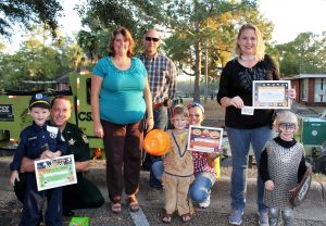 DBPA Halloween Happening Winners (ages 3-4) (l-r), front, Saylor Pittman-3rd Place, Officer James Pittman, Ryan Mann-2nd Place, Annaell Ammons, Tucker Ramsey-1st Place (L to R, back) Alicia Ammons (Allstate) Jim Gierlinski (City) Jody Alford (Wal Mart). Photo by Cathy Mosley